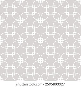 Vector abstract geometric ornamental seamless pattern in oriental style. Subtle gray and white minimal ornament with curved lines, flower silhouettes, leaves, grid, lattice. Simple repeated design