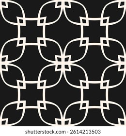 Vector abstract geometric ornamental seamless pattern in oriental style. Black and white geometric ornament with curved lines, flower silhouettes, leaves, grid, lattice. Simple elegant repeated design