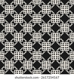 Vector abstract geometric ornamental seamless pattern. Elegant black and white ornament texture with thin curved lines, grid, lattice, tiles. Simple monochrome background. Repeated modern geo design 