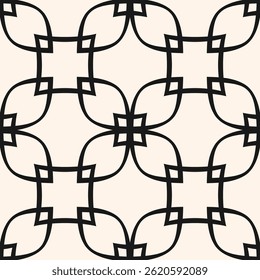 Vector abstract geometric ornamental seamless pattern in oriental style. Black and white geometric ornament with curved lines, flower silhouettes, leaves, grid, lattice. Simple monochrome geo design