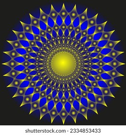 Vector abstract geometric pattern arranged in a circle in the form of a blue and gold mandala on a black background