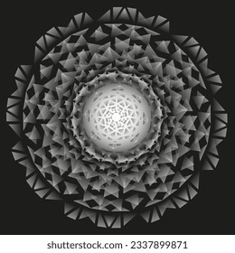 Vector abstract geometric pattern in the form of a mandala of gray and white triangles arranged in a circle on a black background