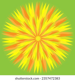 Vector abstract geometric pattern in the form of yellow and red leaves arranged in a circle on a green background
