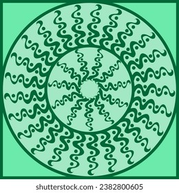Vector abstract geometric pattern in the form of dots and wavy lines arranged in a circle on a green background