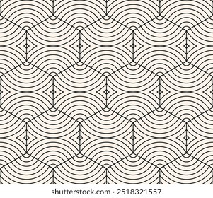 Vector abstract geometric pattern with hexagonal grid, wavy shapes, curved lines, stripes. Simple minimal black and white texture. Stylish modern minimalist background. Repeating decorative design