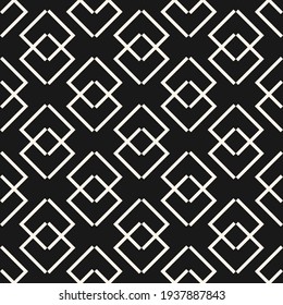Vector Abstract Geometric Pattern With Linear Shapes, Rhombuses, Diamonds. Stylish Minimal Black And White Geo Texture. Modern Monochrome Background. Dark Repeat Design For Decoration, Fabric, Print