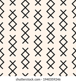Vector Abstract Geometric Pattern With Linear Shapes, Rhombuses, Crosses. Stylish Minimal Black And White Geo Texture. Modern Monochrome Background. Repeat Design For Decor, Textile, Print, Wallpaper