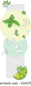 The vector abstract geometric pattern of mojito contains the following elements: bright green leaves and mint flowers, lime slice, lime flowers, pieces of ice, gray tubes, yellow green circles, a pinc