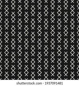 Vector abstract geometric pattern with small linear shapes, rhombuses, crosses. Stylish minimal black and white geo texture. Modern monochrome background. Dark repeat design for decor, print, wrap