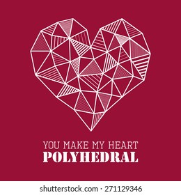 Vector abstract geometric polygonal white heart with line design hatching on marsala red background, textured pattern. Unusual romantic greeting card for valentine day, date, anniversary celebration