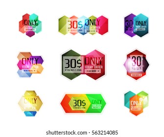 Etiquetas, etiquetas y banderas de venta geométrica abstracta de vectores