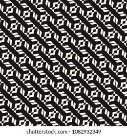 Vector abstract geometric seamless pattern. Elegant black and white texture with curved shapes, diagonal grid, mesh, lattice, ornamental elements. Monochrome repeat background. Dark decorative design