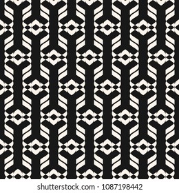 Vector abstract geometric seamless pattern. Elegant black and white texture with curved shapes, grid, mesh, lattice, ornamental elements. Monochrome repeat background. Design for decor, fabric, cloth