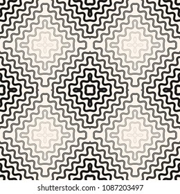 Vector abstract geometric seamless pattern with wavy fading lines, concentric curved halftone stripes. Trendy black and white graphic background. Optical art texture. Dynamical ripple effect design