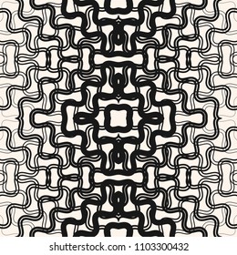 Vector abstract geometric seamless pattern with tangled curved fading shapes, wavy lines. Halftone transition effect, optical art texture. Trendy black and white graphic background. Repeat design