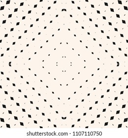 Vector abstract geometric seamless pattern with small fading rhombuses, diamond shapes, radial halftone transition in square form. Trendy black and white graphic background. Monochrome repeat texture 