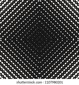 Vector abstract geometric seamless pattern with small fading rhombuses, lines, radial halftone stripes in square form. Trendy black and white graphic background. Optical art texture. Modern design