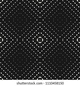 Vector abstract geometric seamless pattern with small rhombuses, diamond shapes, radial halftone transition in square form. Trendy black and white graphic background. Dark minimalist repeat texture