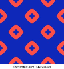 Vector abstract geometric seamless pattern. Bright colorful red and blue background. Simple graphic ornament. Texture with big diamond shapes, stars. Trendy minimal design for decor, wrapping, print