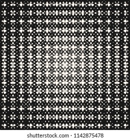 Vector abstract geometric seamless pattern with fading mesh, net, weave, tissue. Radial halftone transition effect. Trendy black and white graphic background. Optical art texture. Monochrome design