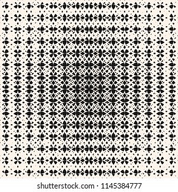 Vector abstract geometric seamless pattern with fading shapes, mesh, net. Radial halftone transition effect. Trendy black and white graphic background. Optical art texture. Modern monochrome design