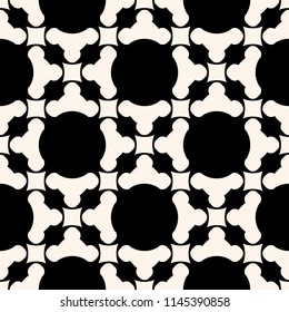 Vector abstract geometric seamless pattern. Simple minimal black and white floral ornament texture. Monochrome background with rounded figures, squares, grid, repeat tiles. Design for decor, furniture