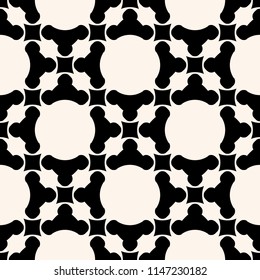 Vector abstract geometric seamless pattern. Simple minimal black and white floral ornament texture. Monochrome background with rounded figures, squares, triangles. Repeat design for decor, wallpapers