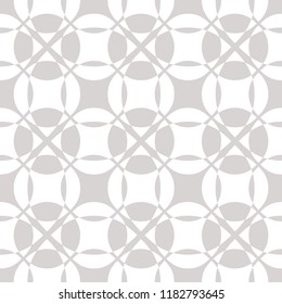 Vector abstract geometric seamless pattern in white and gray colors. Repeatable background texture with curved shapes, circles, crosses, squares. Simple design for decor, textile, prints, wallpapers