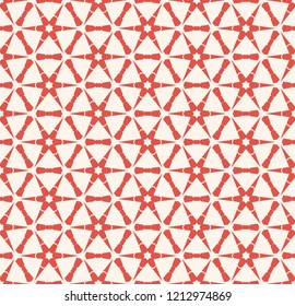Vector abstract geometric seamless pattern with hexagonal grid, floral shapes, snowflakes, net, lattice, repeat tiles. Red and beige colored background. Simple ornamental texture. Repeating design