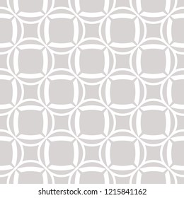 Vector abstract geometric seamless pattern with smooth grid, rounded shapes, squares, circles, net, mesh, lattice, weave. Subtle white and light gray background. Simple minimalist repeating design