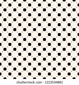 Vector abstract geometric seamless pattern. Simple minimalist black and white background texture. Monochrome graphic ornament with small octagonal shapes, squares, lines, grid. Minimal repeat design