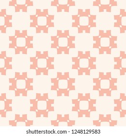Vector abstract geometric seamless pattern. Simple ornament with flower silhouettes, square shapes, crosses, repeat tiles. Background texture in pastel color, pink and beige. Cute minimalist design