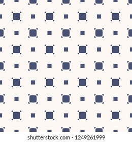 Vector abstract geometric seamless pattern. Simple minimalist texture with small squares, rounded shapes, rhombuses, repeat tiles. Minimal dark blue and white background. Design for decor, textile