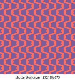 Vector abstract geometric seamless pattern with wavy lines, curved shapes, zigzag, stripes. Simple background texture in trendy bright colors, purple and live coral. Modern minimalist repeat design