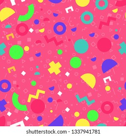 Vector abstract geometric seamless pattern with multicolored figures. Vintage 90s style. Retrovawe. Pink background