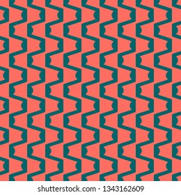 Vector abstract geometric seamless pattern with wavy lines, curved shapes, zigzag, stripes. Simple background texture in trendy bright colors, dark green and living coral. Minimalist repeatable design