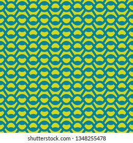 Vector abstract geometric seamless pattern with curved shapes, wavy lines, mesh, net, grid, lattice, weaving. Simple background texture in trendy bright colors, lime green and teal. Repeated design