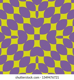 Vector abstract geometric seamless pattern. Simple texture with curved shapes, petals, leaves, grid. Colorful background in lime green and purple color. Funky style design for decor, covers, prints