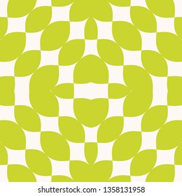 Vector abstract geometric seamless pattern. Simple texture with curved shapes, petals, leaves. Colorful background in bright green and white. Natural organic style. Repeating design for decor, covers