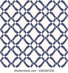 Vector abstract geometric seamless pattern. Navy blue and white texture with mesh, net, lattice, grid, fishnet, diamond shapes, rhombuses. Simple graphic background. Repeatable decorative design 