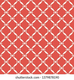 Vector abstract geometric seamless pattern. Elegant red and white texture with mesh, net, lattice, grid, diamond shapes, rhombuses. Simple graphic background. Repeated design for fabric, furniture