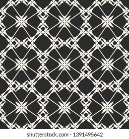 Vector abstract geometric seamless pattern with floral shapes, stars, grid, net, mesh, lattice. Black and white background. Simple monochrome texture. Repeat design for decor, fabric, textile, carpet
