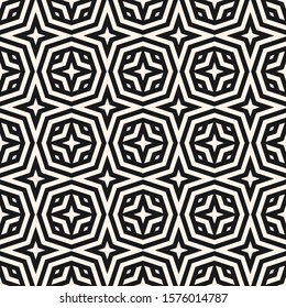 Vector abstract geometric seamless pattern in oriental style. Simple monochrome vector background with lines, stars, diamonds, octagons, tiles. Elegant black and white ornament. Repeat texture design