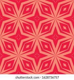 Vector abstract geometric seamless pattern. Ornamental texture with diagonal lines, diamonds, floral shapes, stars, rhombuses, grid, net, lattice. Red and coral color. Simple background. Repeat design