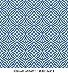 Vector abstract geometric seamless pattern. Ornamental texture with diamonds, floral shapes, stars, rhombuses, grid, net. Indigo blue and white color. Simple ornament background. Repeat geo design