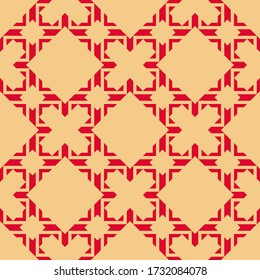 Vector abstract geometric seamless pattern in Asian style. Elegant ornament in red and yellow color. Luxury graphic texture with diamond grid, lattice, net, lines. Simple ornate background. Repeat des