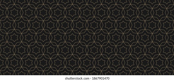 Vector abstract geometric seamless pattern. Golden lines texture with grid, stars, diamonds, floral shapes. Oriental style luxury background. Subtle gold and black ornament, modern repeat design 