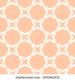 Vector abstract geometric seamless pattern. Simple ornament with net, grid, lattice, mesh, geometrical shapes. Abstract background in peach color. Stylish repeat design for decor, fabric, package