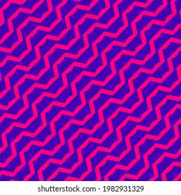 Vector abstract geometric seamless pattern with wavy lines, diagonal stripes, zigzag, ripple surface. Simple background texture in trendy bright colors, neon pink and purple. Modern repeated design