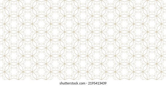 Vector abstract geometric seamless pattern in traditional Arabian style. Golden ornament with thin lines, oriental mosaic, floral grid. White and gold background. Luxury texture. Wide repeat design